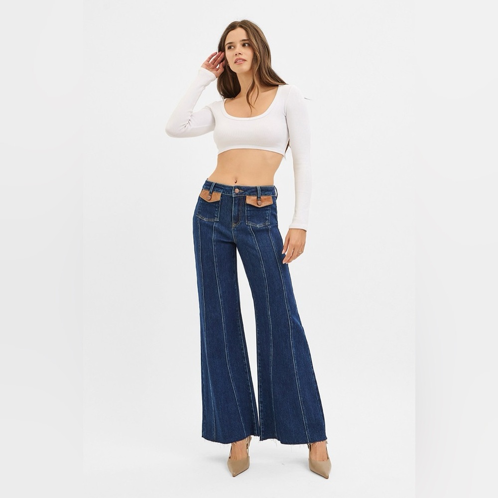 RISEN High Rise Wide Flare Jeans Dark Wash Leather Pocket Detail Raw Hem Denim